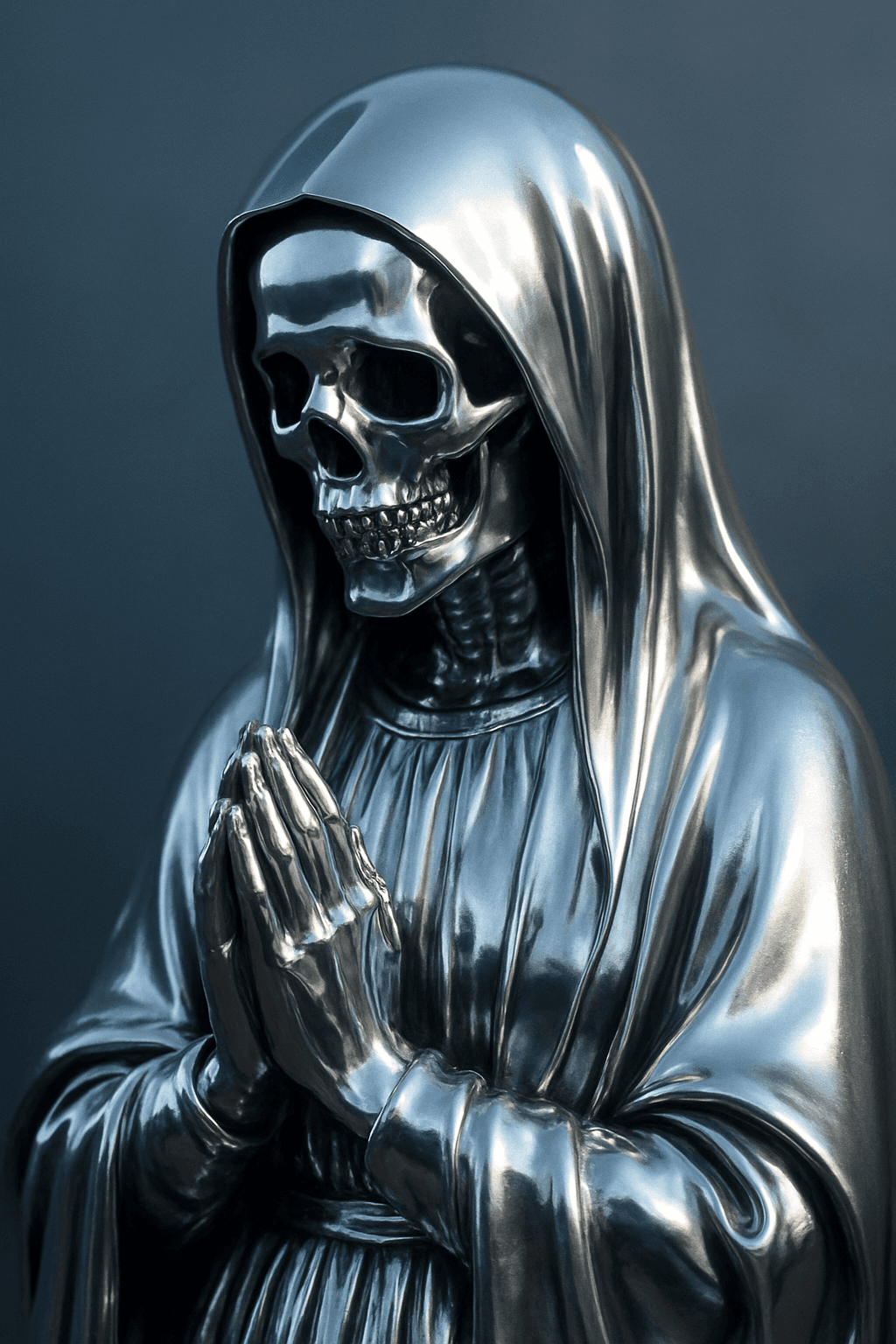 AI generated: make me a video of virgin mary praying but she is chrome. MAKE THE FACE A SKELETON