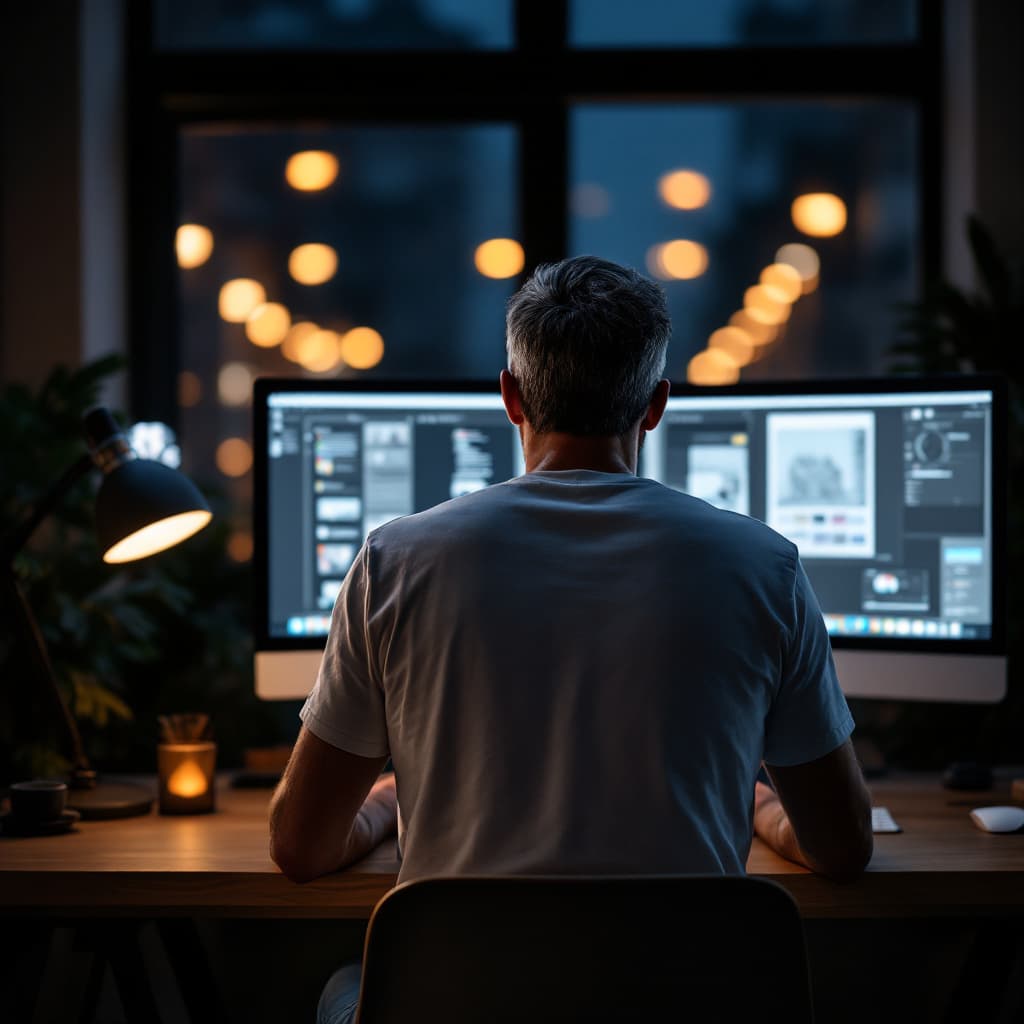 AI generated: View from behind, high resolution photograph, modern-minimalist workspace, focused designer man with...