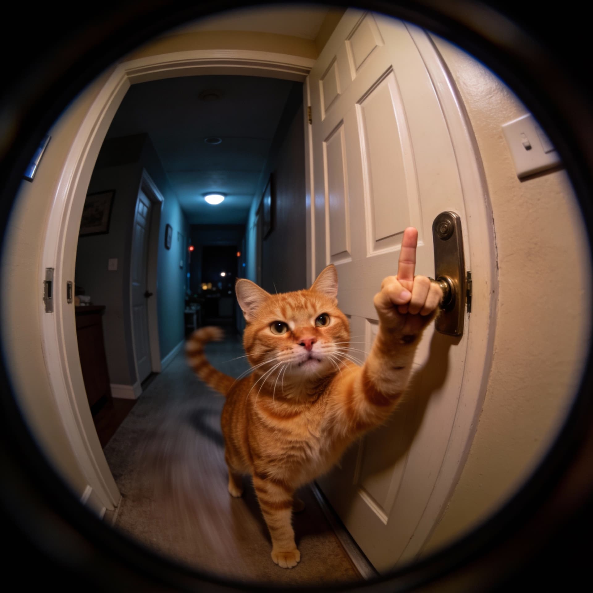AI generated: A realistic, cinematic short video seen entirely from a door peephole POV.
Nighttime apartment hallw...