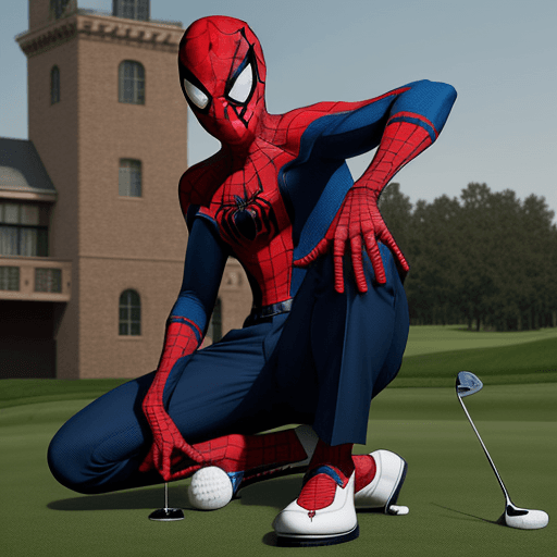 AI generated: Spider man is playing golf and wearing Gucci shoes