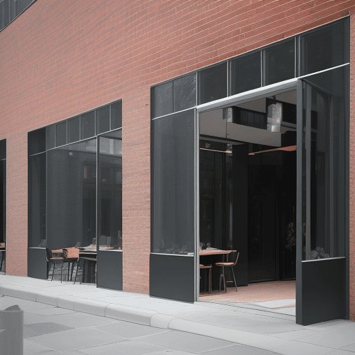 AI generated: Design a modern and minimalist cafe facade, focusing on the juxtaposition of weathered bricks and ex...