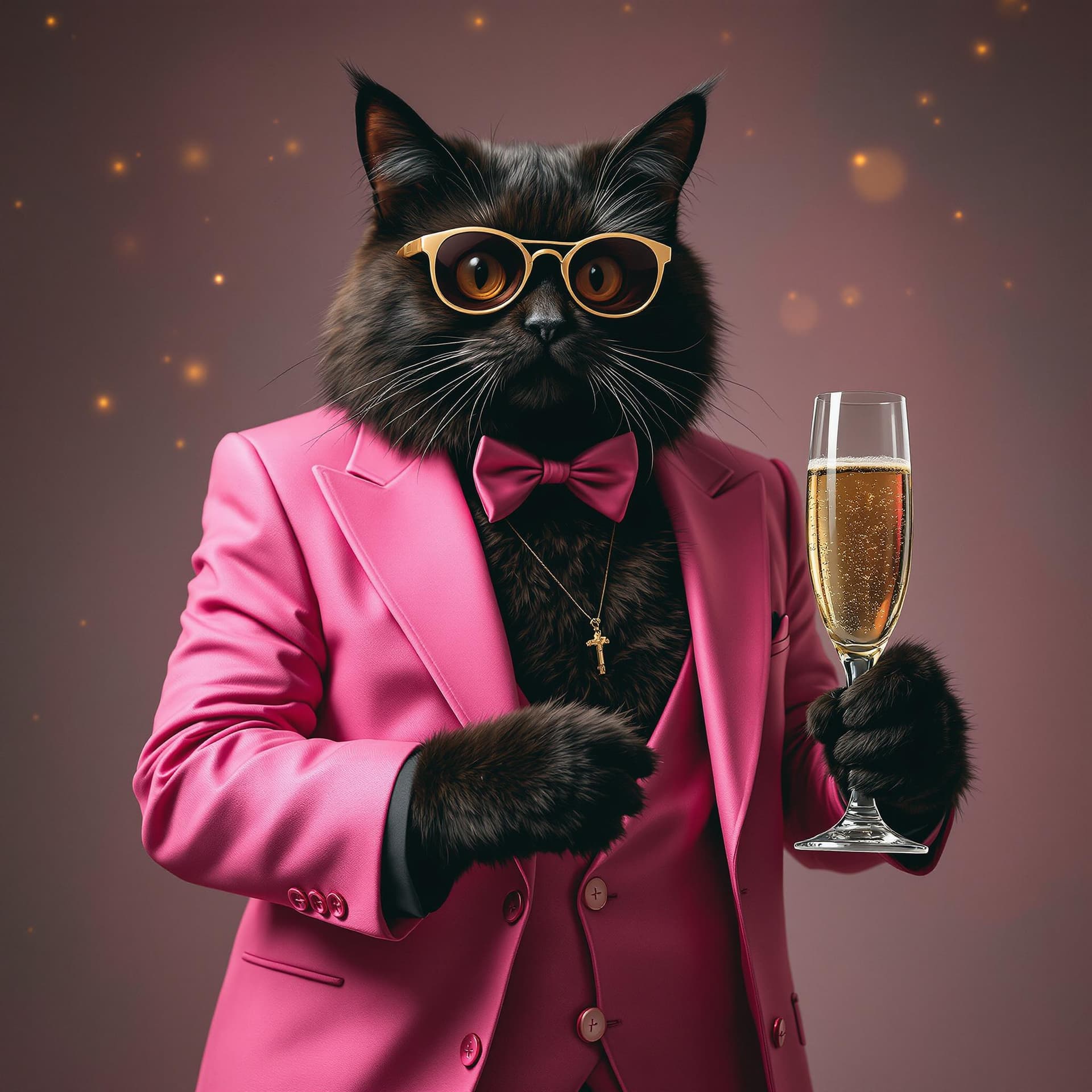 AI generated: black gangster cute cat in a pink suit celebrating birthday with champagne