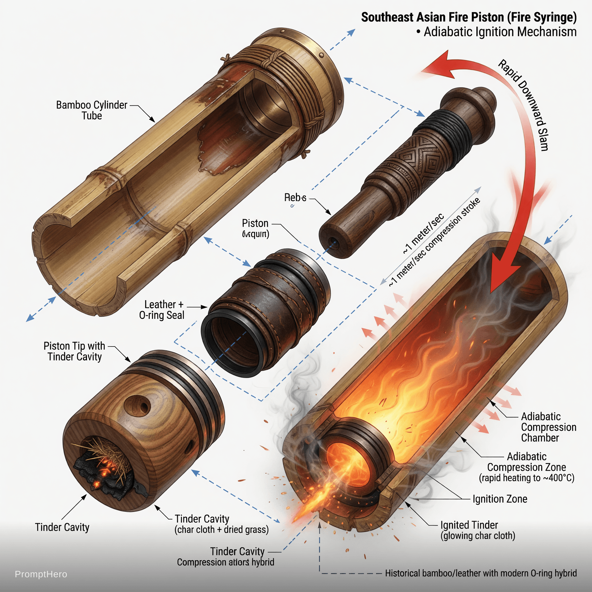 AI generated: Highly detailed professional technical exploded isometric cutaway illustration of an ancient Southea...