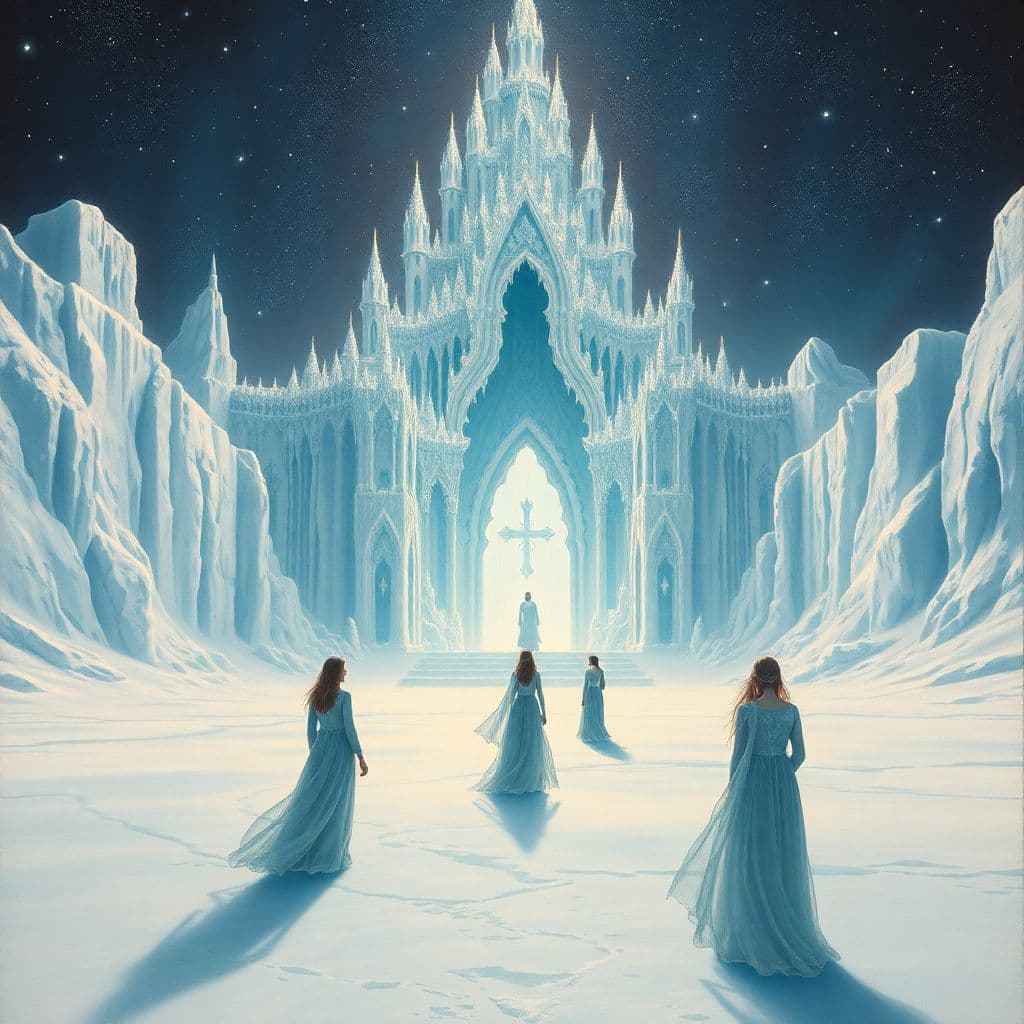 AI generated: A majestic ice palace, intricately carved from frozen waterfalls and shimmering glaciers, stands as ...