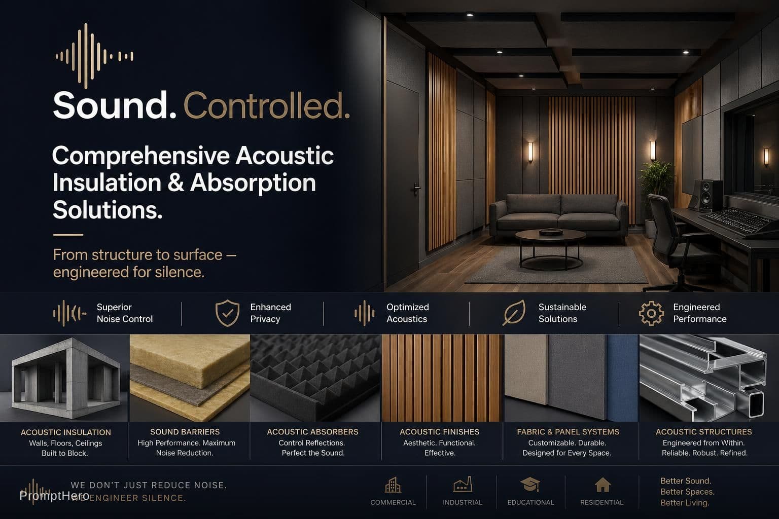 AI generated: Sound.Controlled.

Comprehensive Acoustic Insulation & Absorption Solutions.

From structure to surf...