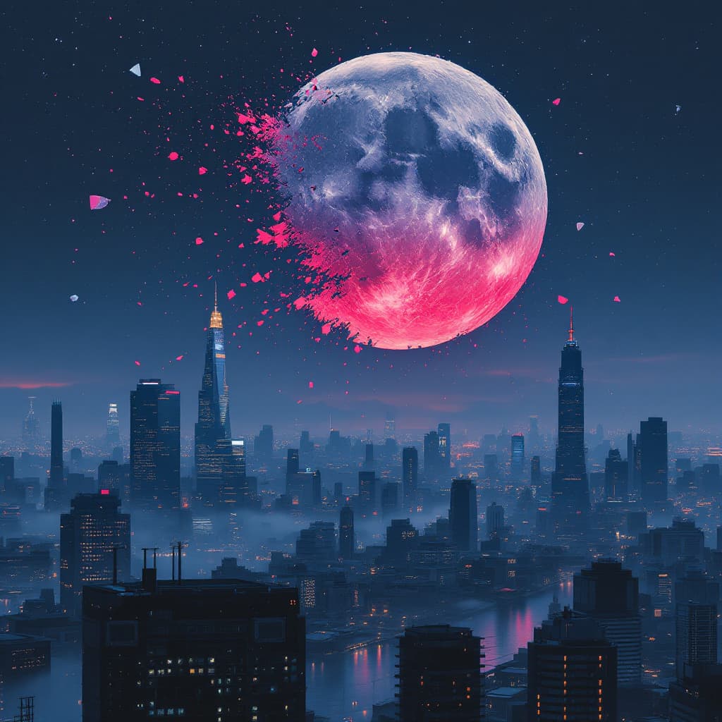 AI generated: sci-fi neo tokyo, in the style of akira, city skyline with part of the moon shattered and pieces of ...