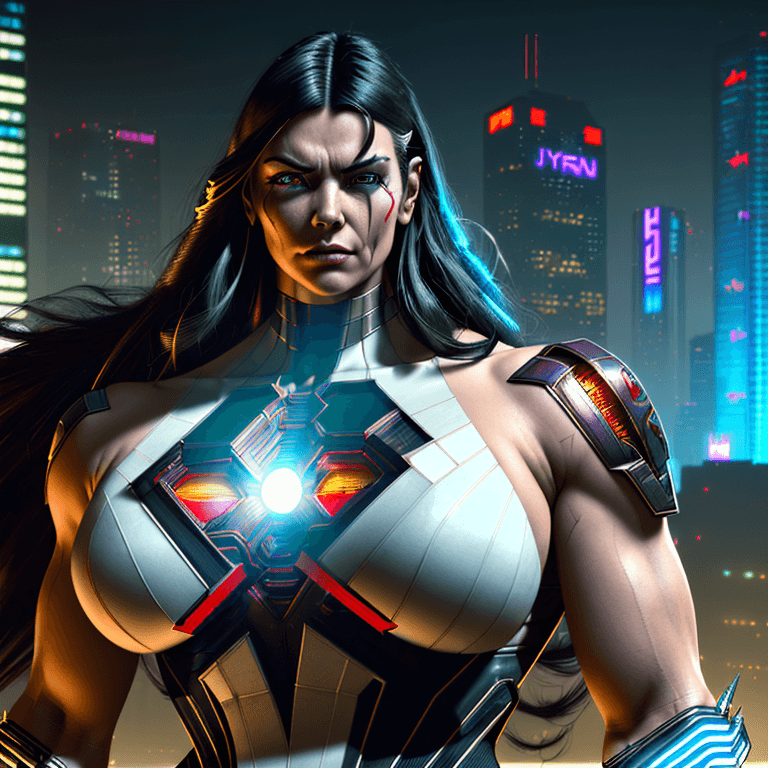 AI generated: a cyberpunk strong superhero portrait, with Extraordinary Powers, super speed, powerful, muscular, l...