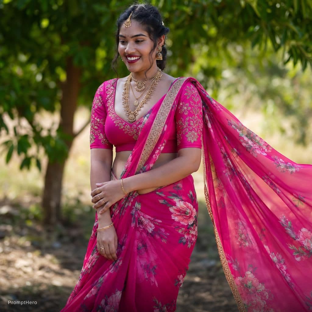 AI generated: A vibrant hot sexy saree with intricate floral patterns, flowing gracefully in a gentle breeze, capt...
