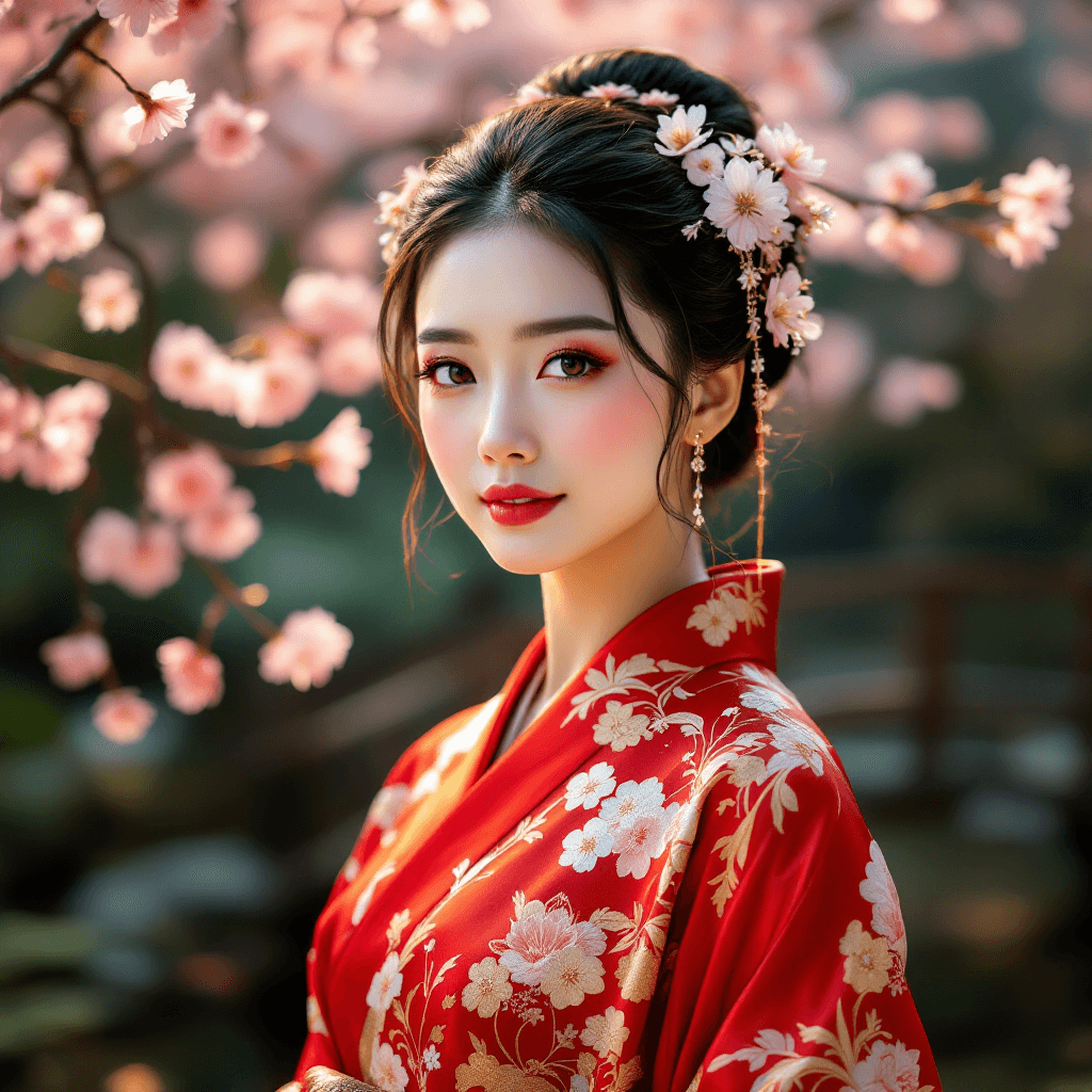 AI generated: A stunning portrait of an Asian woman with elegant features, wearing a traditional silk kimono in vi...