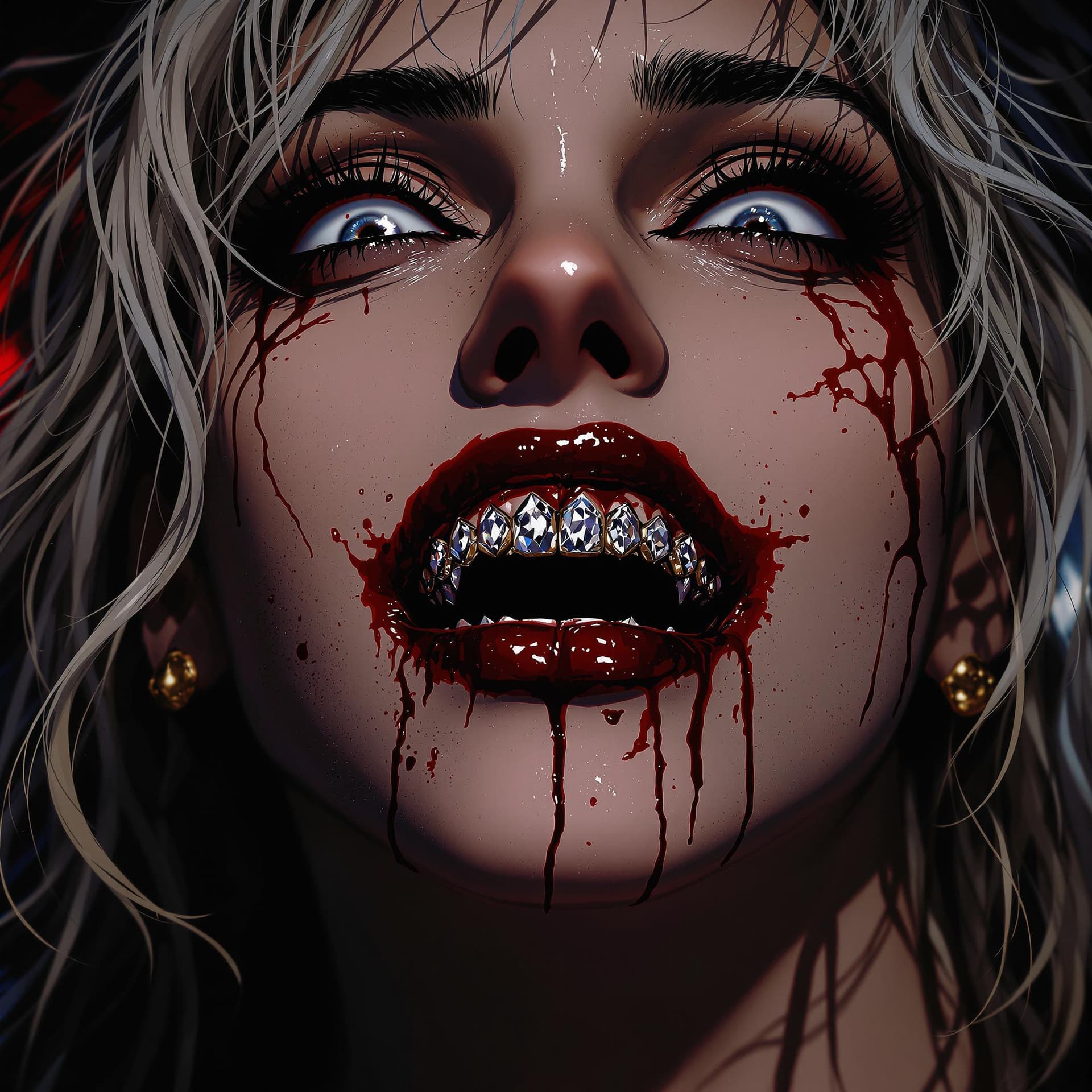 AI generated: anime horror close-up portrait of a woman inspired by Madonna, styled like a character from Smile, h...
