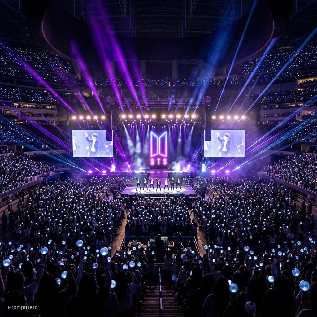 AI generated: Epic BTS KPOP concert arena, massive indoor stadium packed with thousands of ARMY fans holding glowi...