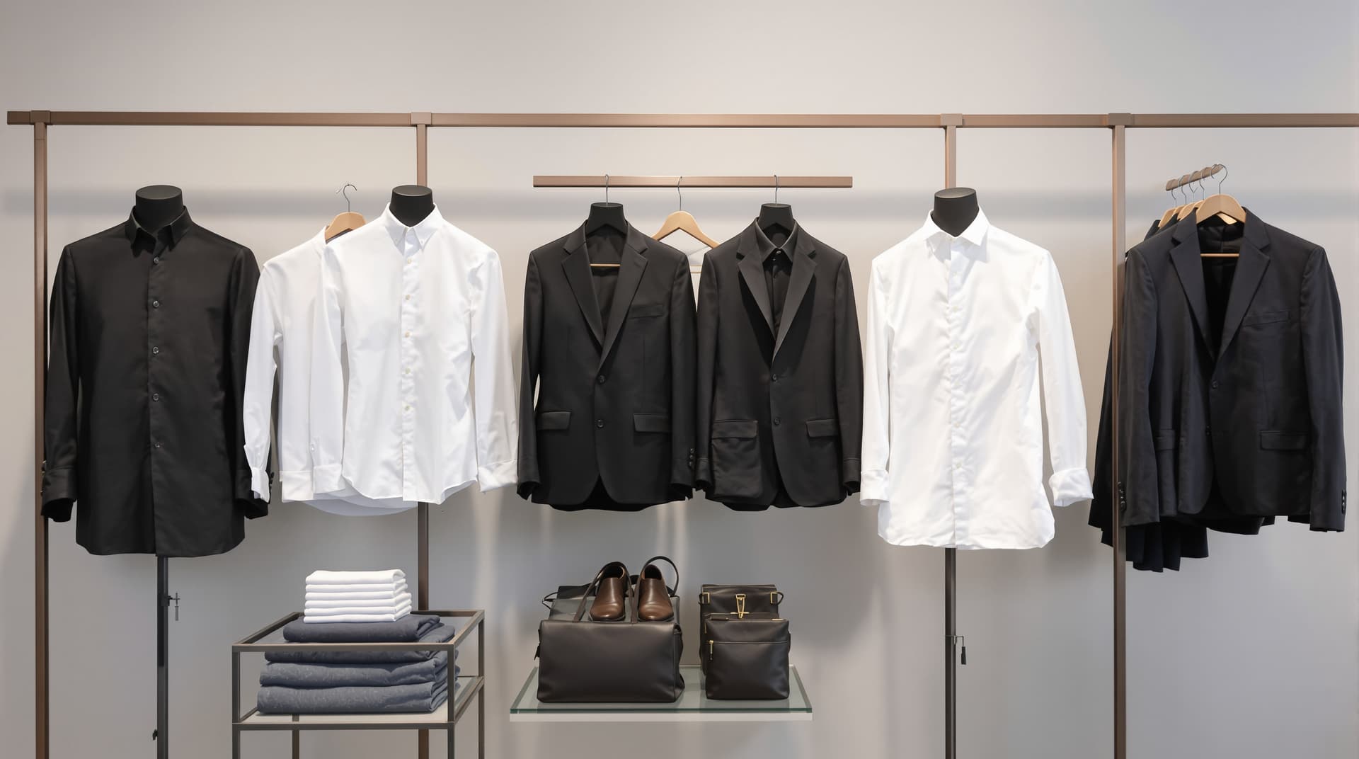 AI generated: A Zara Man fashion editorial set without model, showcasing minimalist menswear pieces. Clothing disp...
