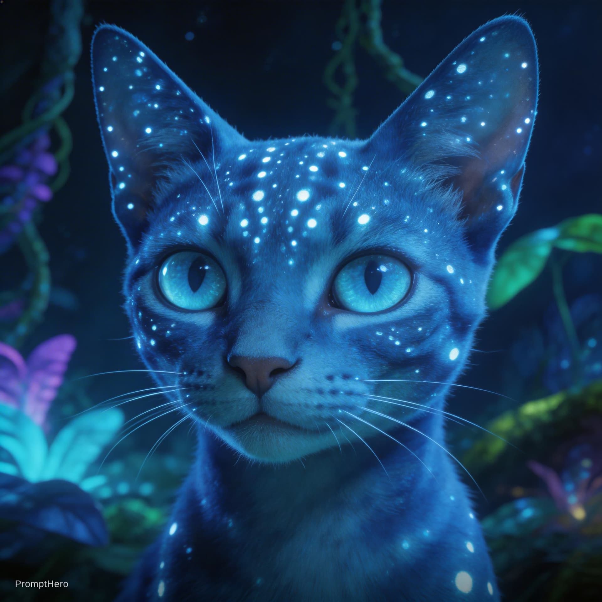 AI generated: A realistic close up portrait of a domestic cat with blue skin and bioluminescent white dots, large ...