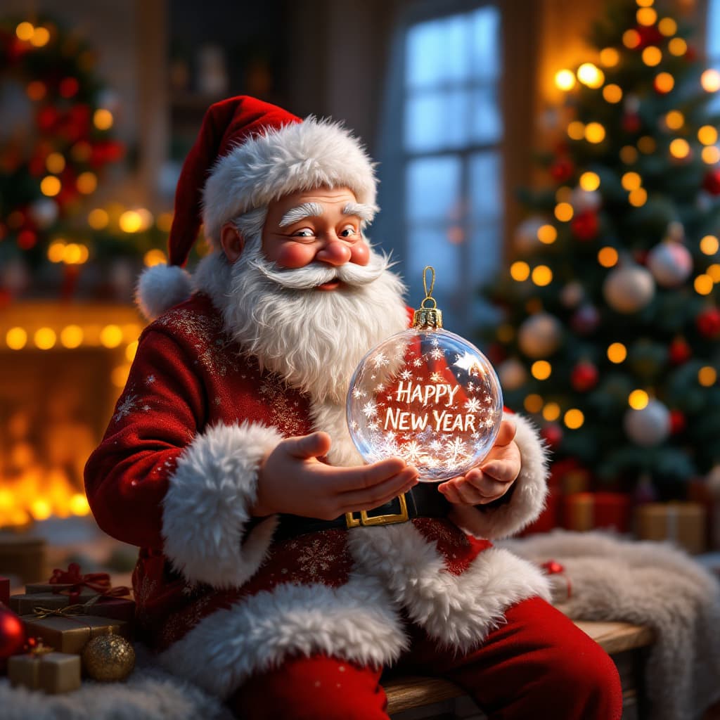 AI generated: A 3D representation of a real scene of Santa Claus sitting on a shelf. Santa Claus is holding a tran...