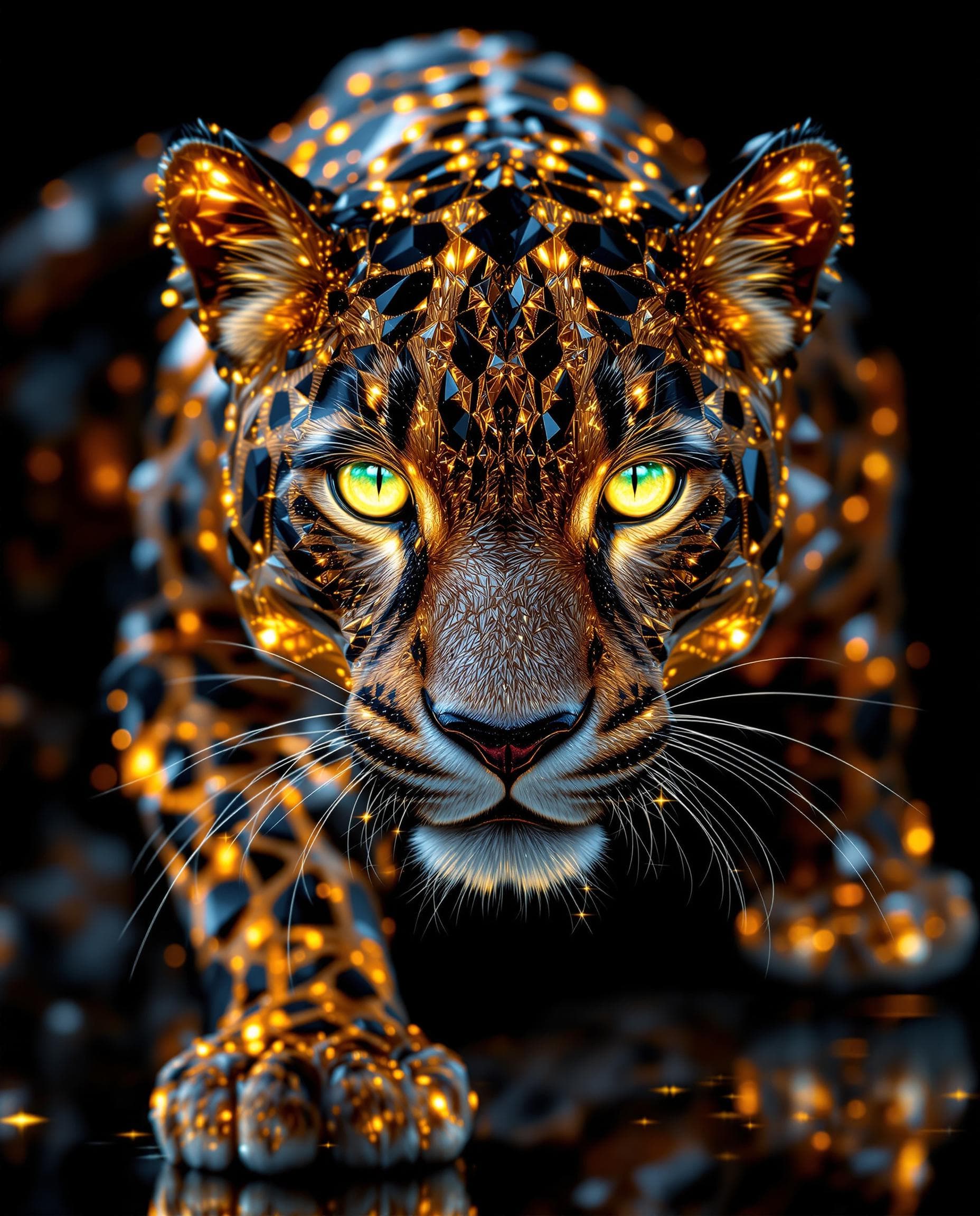 AI generated: Generate a hyper-realistic image illustrating a leopard made entirely of 3D crystalline fractals. Th...