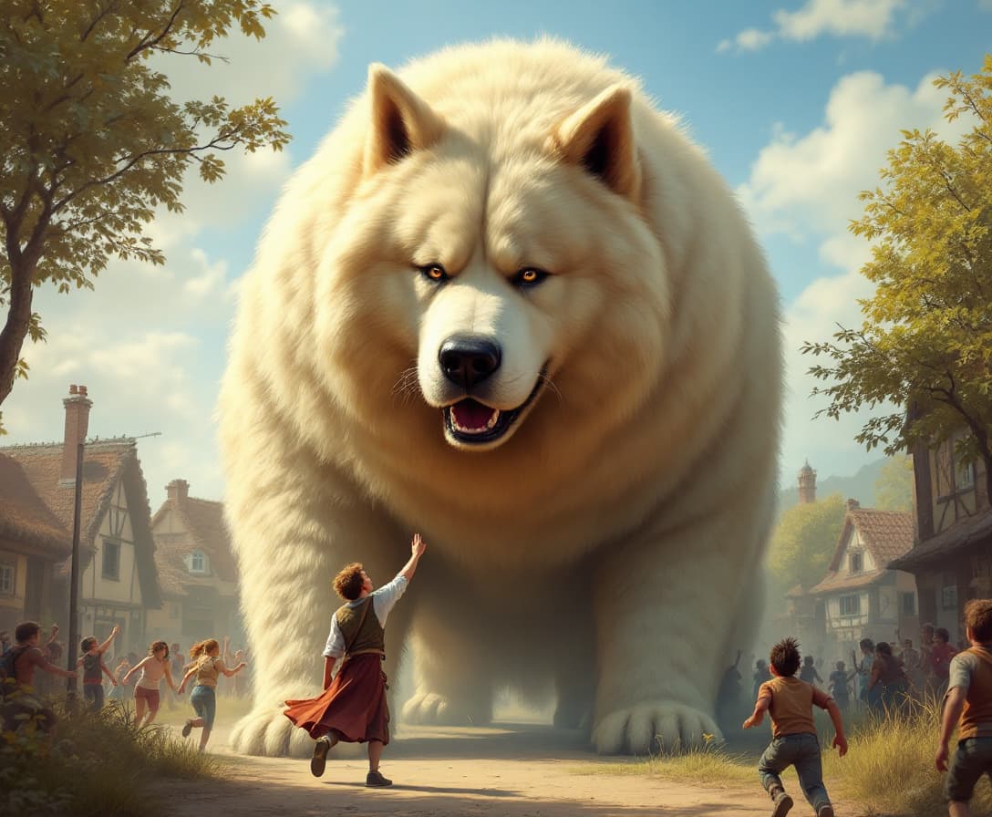 AI generated: Create an image of a massive, fluffy dog with a small human standing beneath it, his hand patting th...
