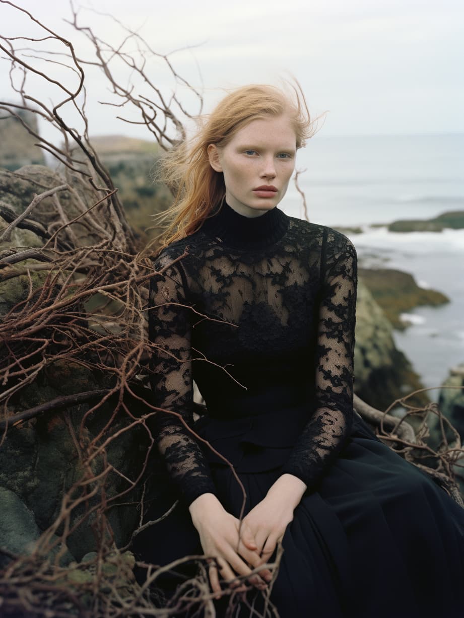 AI generated: a woman sitting on top of a rock next to the ocean, black turtleneck lace dress, lara stone, layout,...