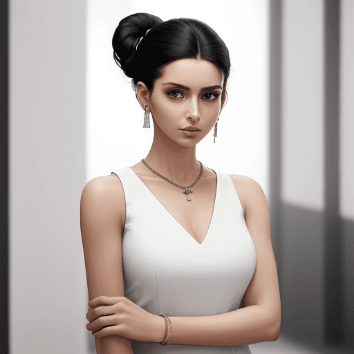 AI generated: A woman stands confidently indoors with her hair in a sleek updo, wearing a fitted sleeveless white ...