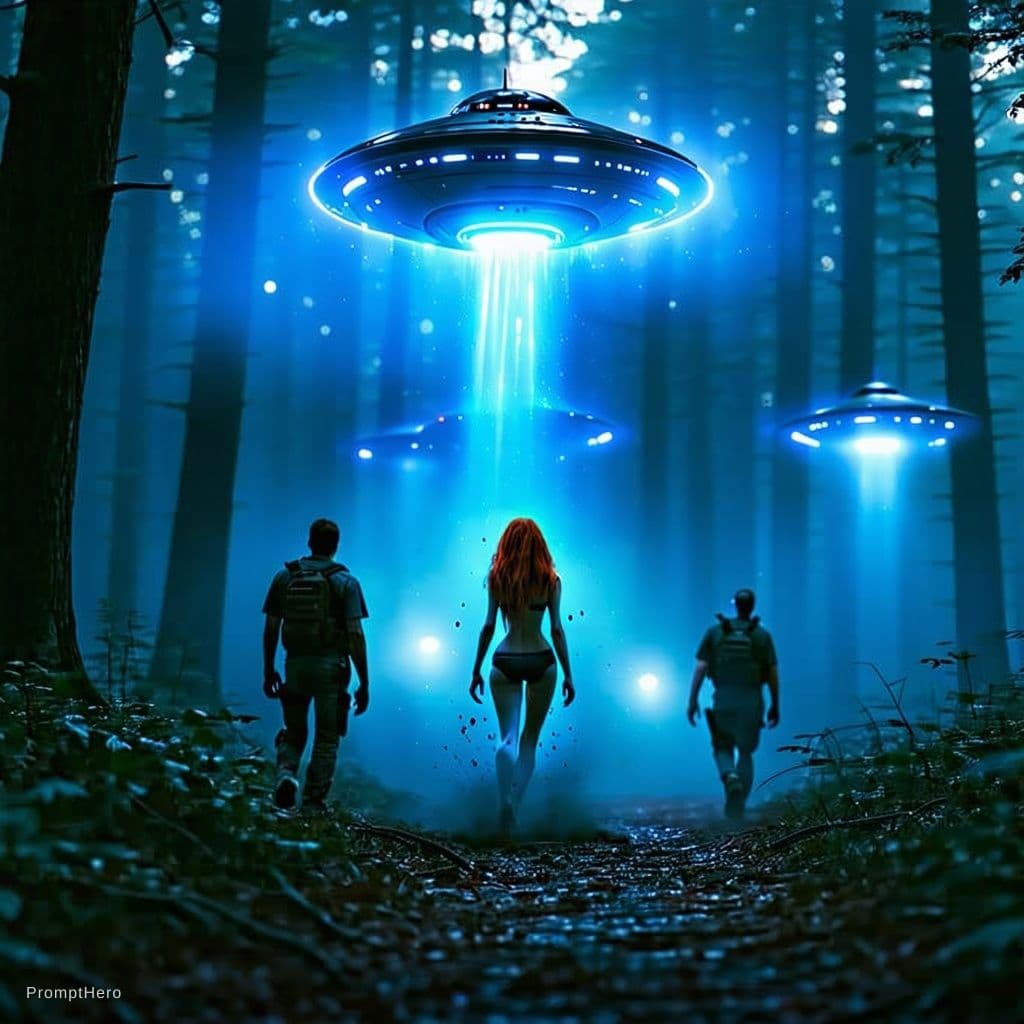 AI generated: ultra cinematic paranormal scene, dark foggy forest clearing at night, multiple glowing UFOs hoverin...