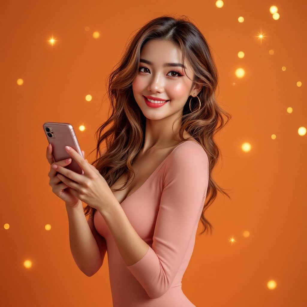 AI generated: Cute sexy seductive Asian woman with pink bodycon two fish hair while holding barcode cellphone on o...