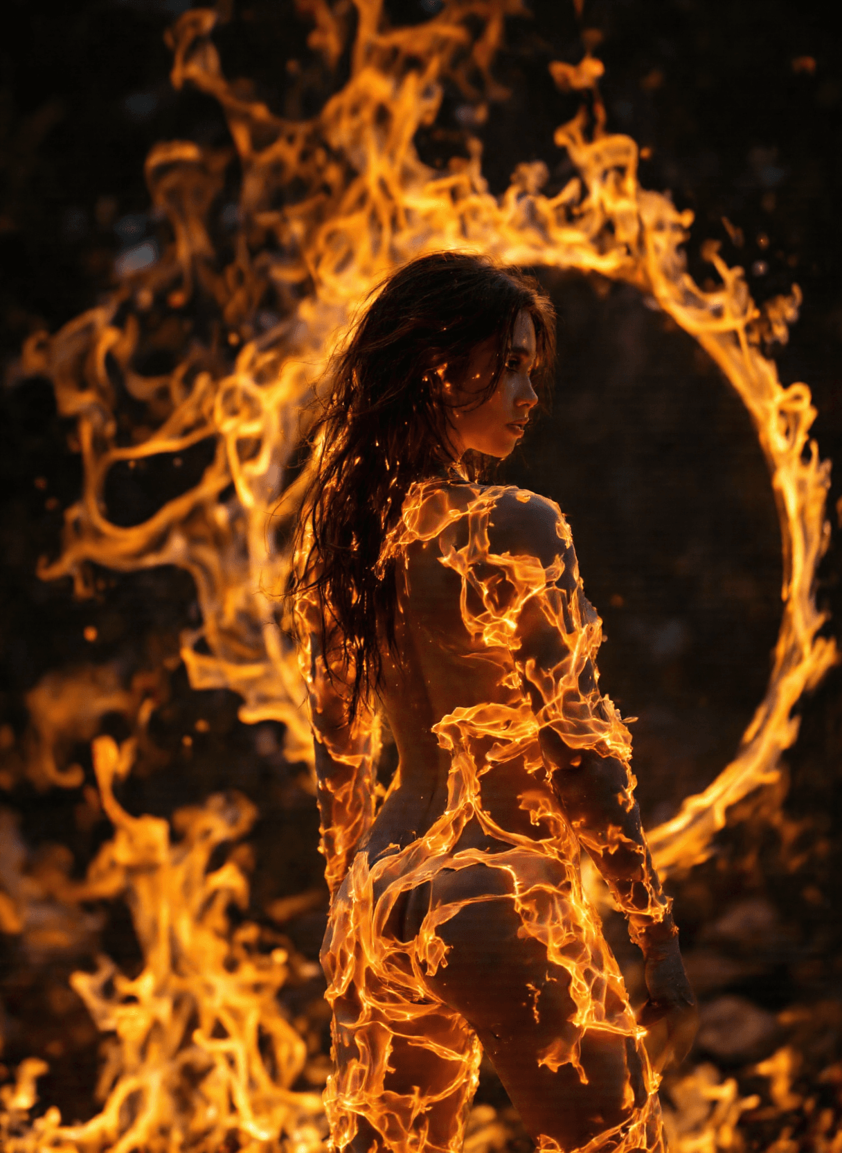 AI generated: The image depicts a striking visual of a woman with her body engulfed in flames. The individual is s...