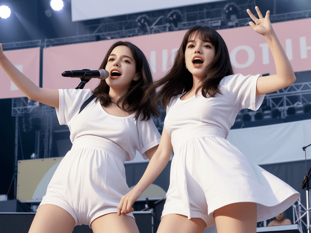 AI generated: high quality, mid shot, duo, man and female, on stage, live aid, concert, diaper, bambino allover pa...