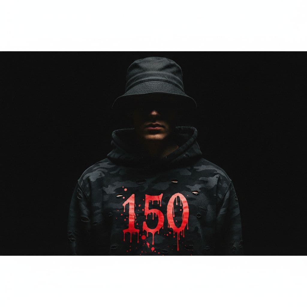 AI generated: photography, front shot, upper body, male model, wearing a bucket hat, black hoody, HOODY WITH TEXT ...