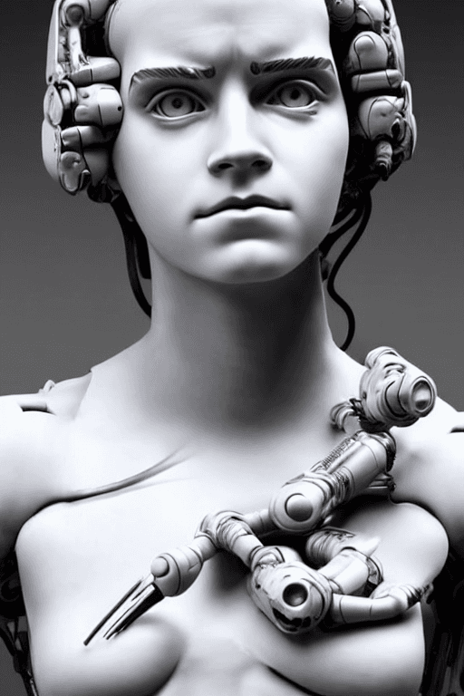 AI generated: cyborg woman emma watson Miyazaki| with a visible detailed brain| muscles cable wires| biopunk| cybe...