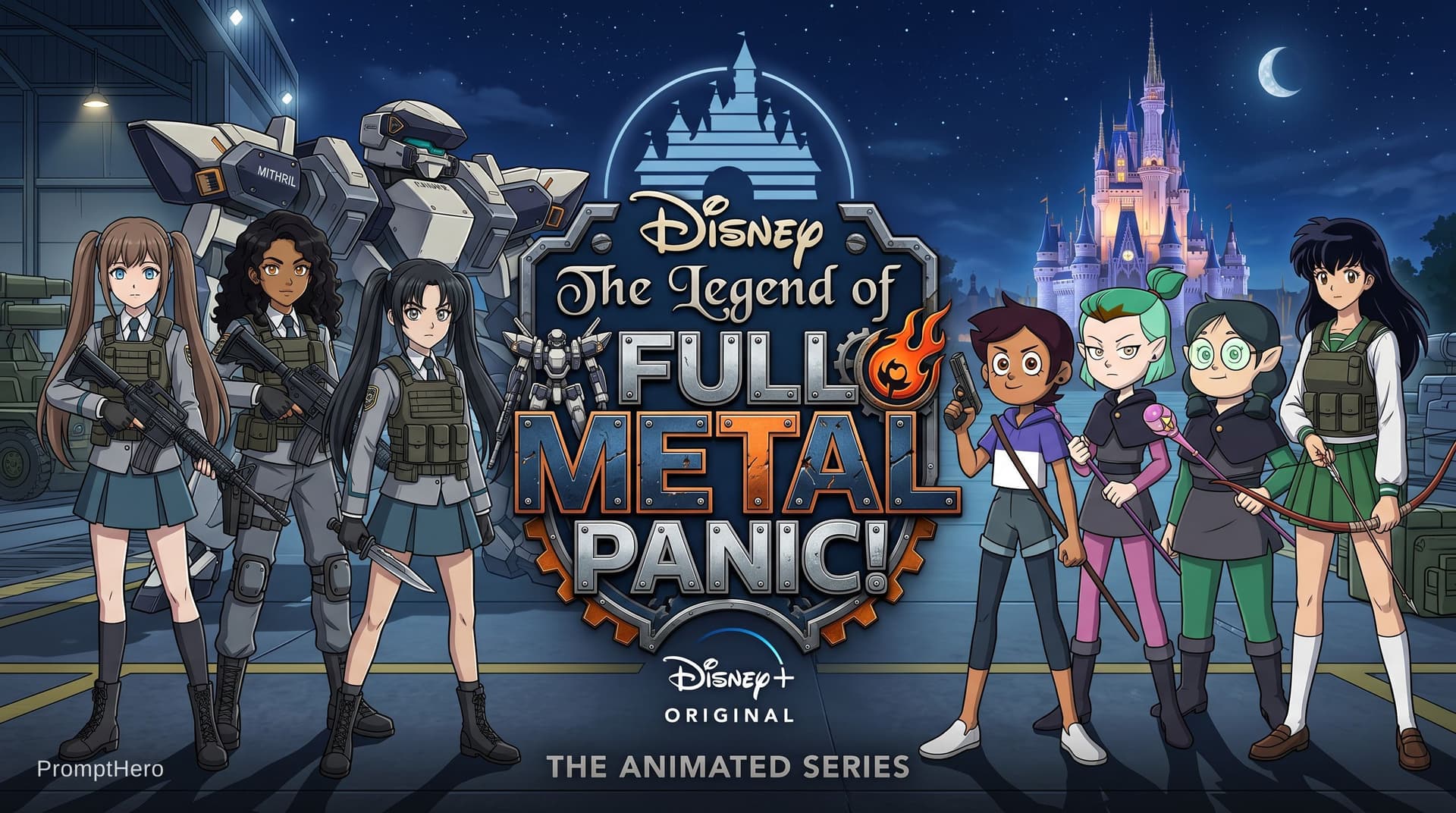 AI generated: Disney The Legend of Full Metal Panic! logo, featuring a teenage girl Pinkalicious Pinkerton with a ...
