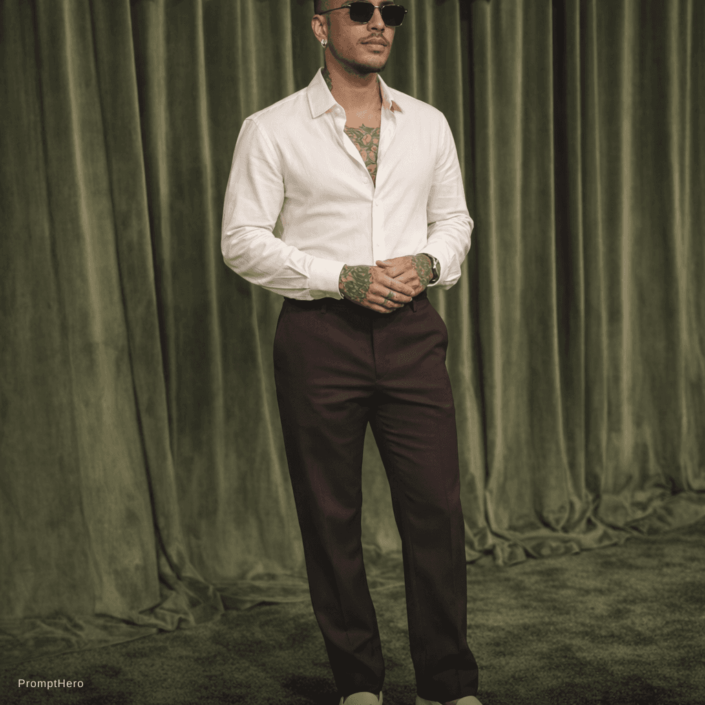 AI generated: Create an outfit using the pics given, using the same colour pants(dark brown) in the right photo an...