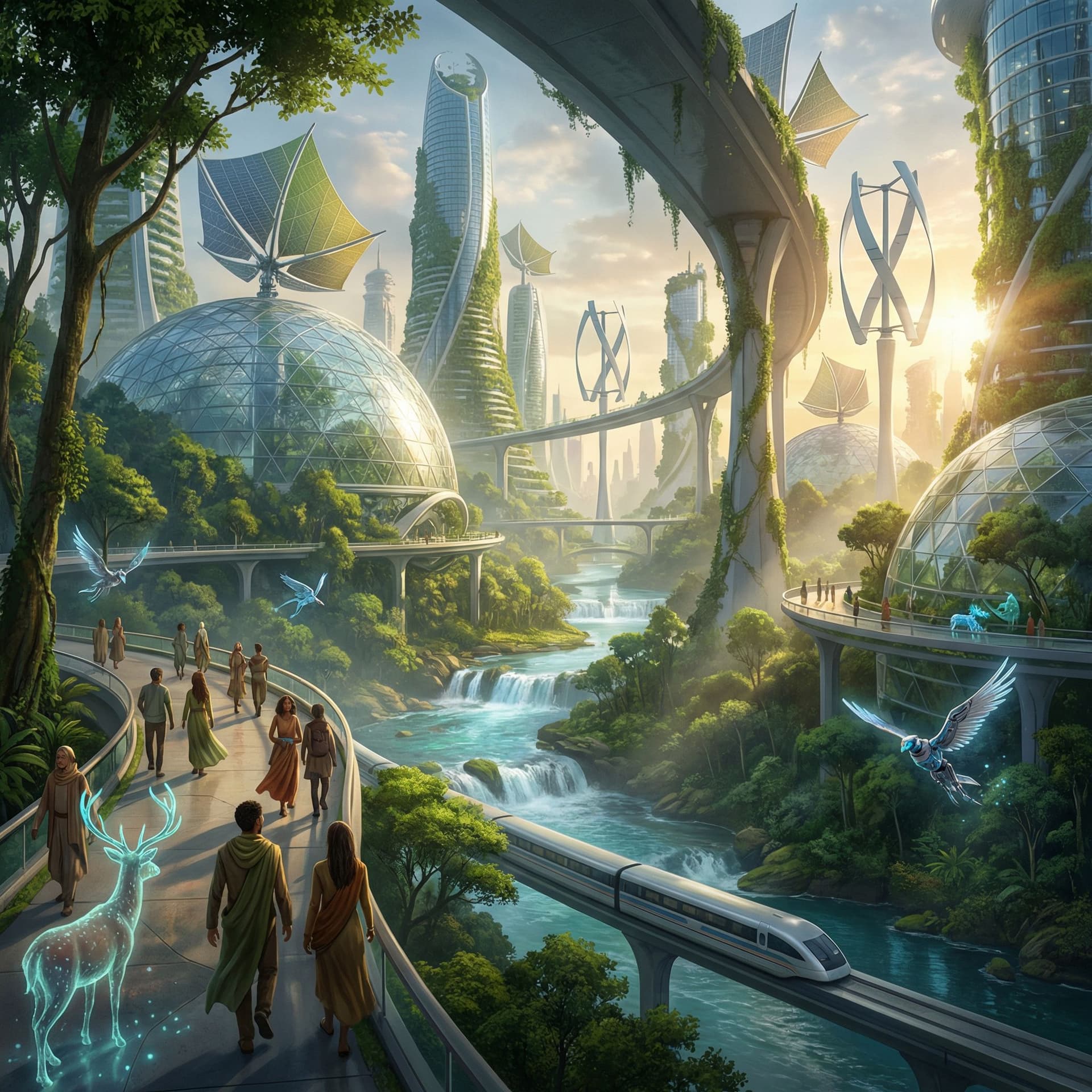 AI generated: A hyper-detailed, cinematic digital painting of a futuristic eco-city where nature and technology co...