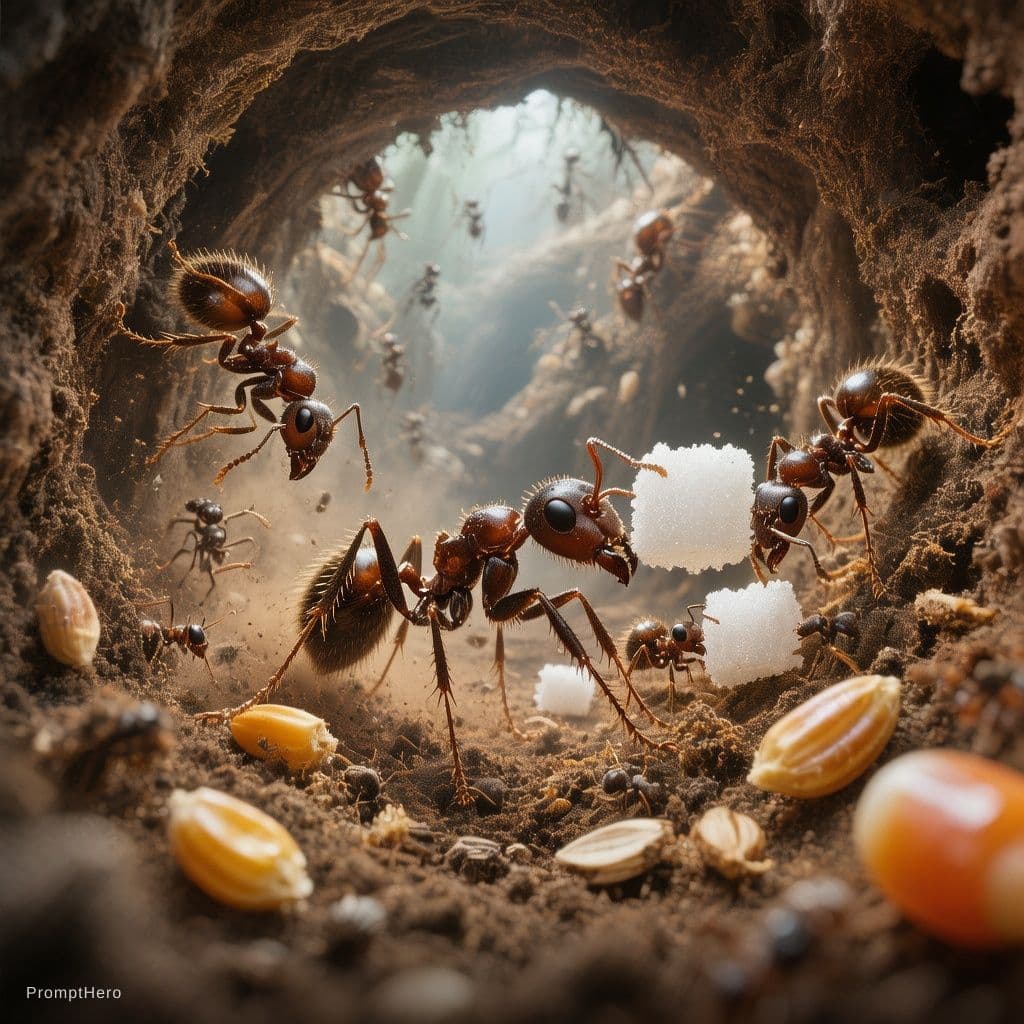 AI generated: Ultra realistic extreme macro tiny world photography inside a massive underground ant tunnel, dark b...