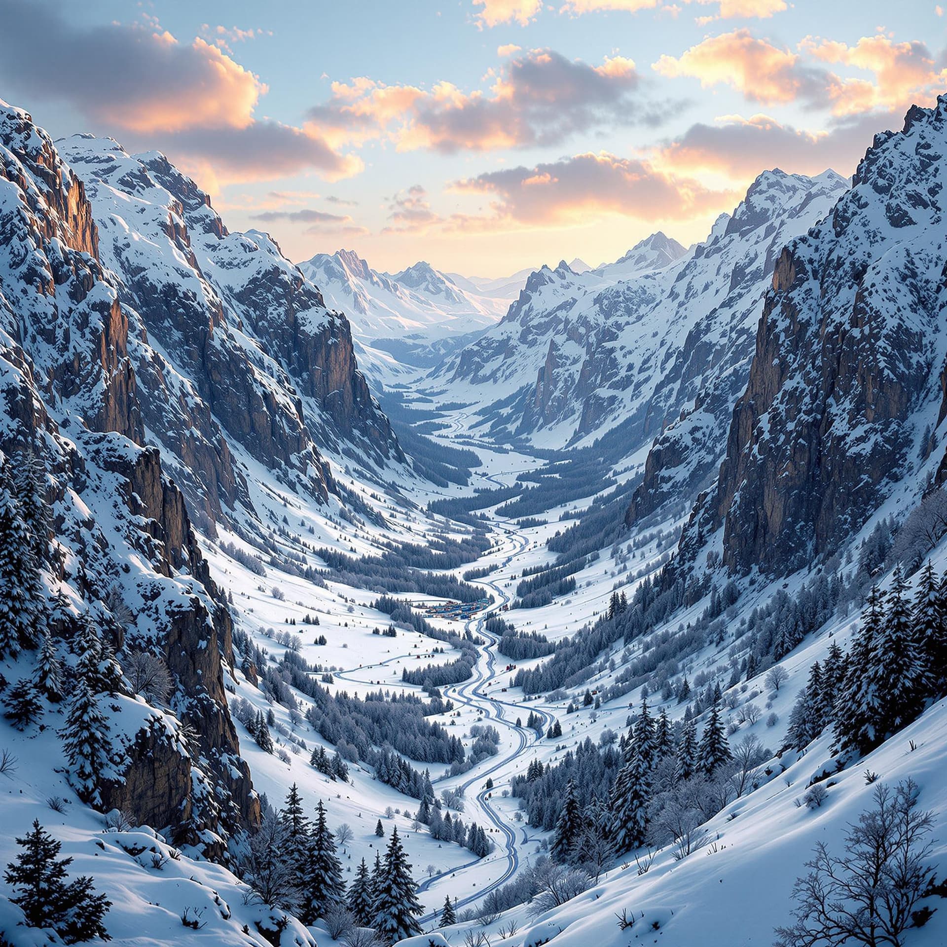 AI generated: Snowy valley, with steep mountains all around, detailed 4K, view from above