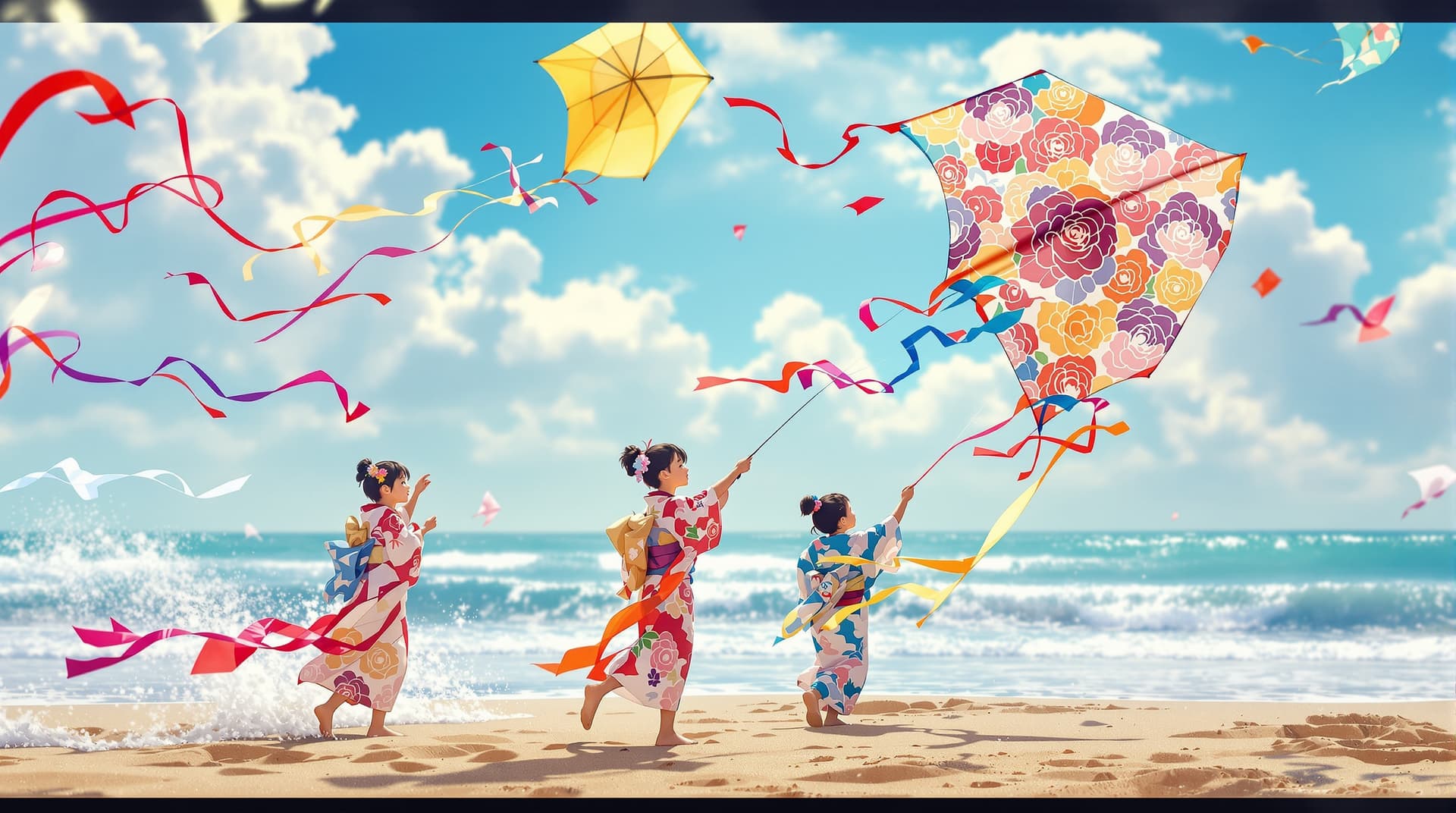 AI generated:  japanese children in traditional kimono on a beach flying 3d kite with random color large rose flow...