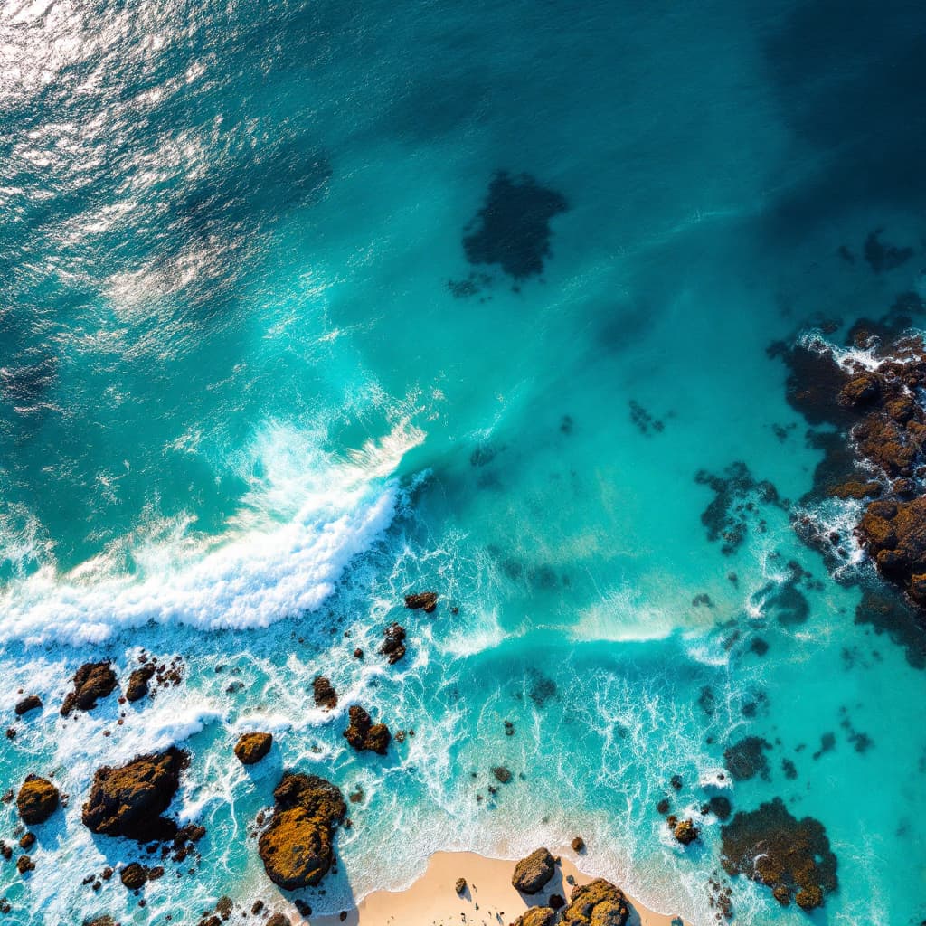 AI generated: A 45 degree downward bird's eye view from above the shoreline of a beach looking forward over the se...