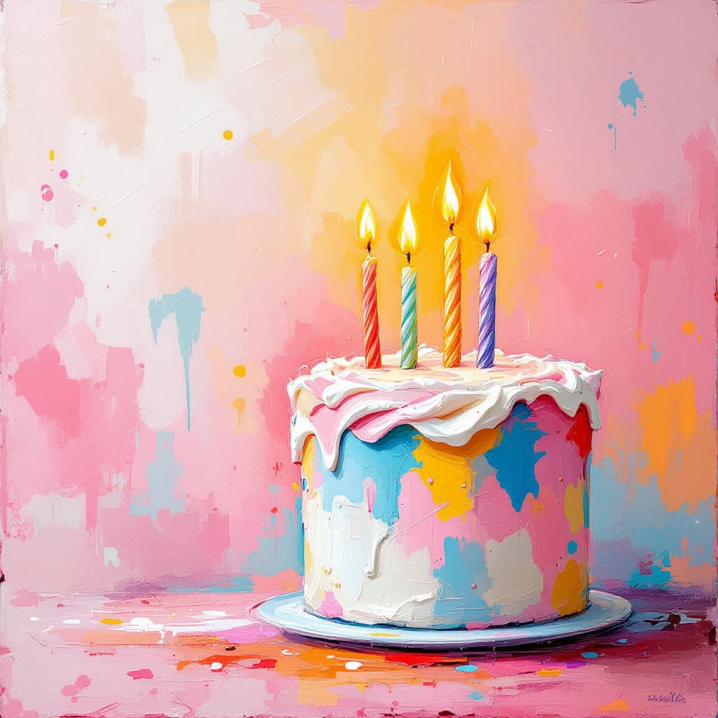 AI generated: A vibrant, abstract impressionist painting of a birthday cake with lit candles. The cake has pastel ...
