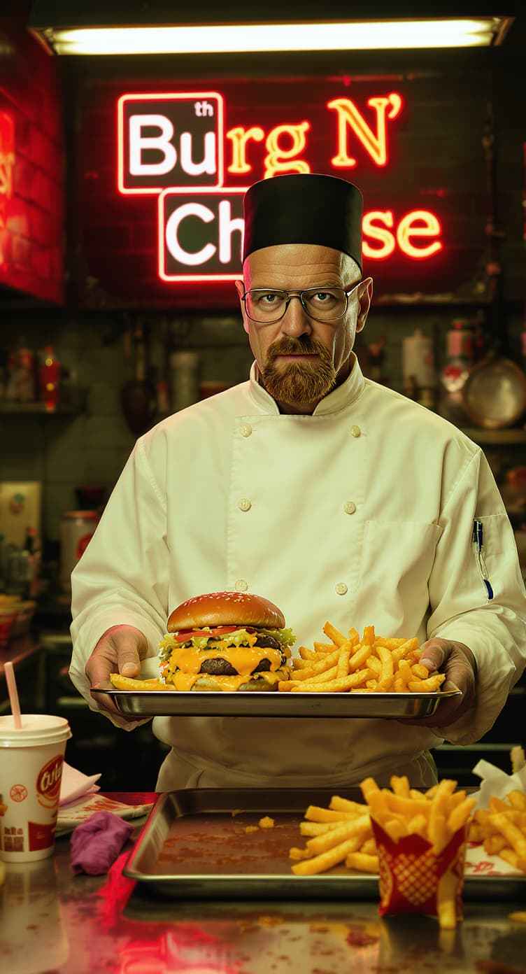 AI generated: (Photorealistic) Walter White from Breaking Bad,with the text "Burg N Cheese" in the same style as t...