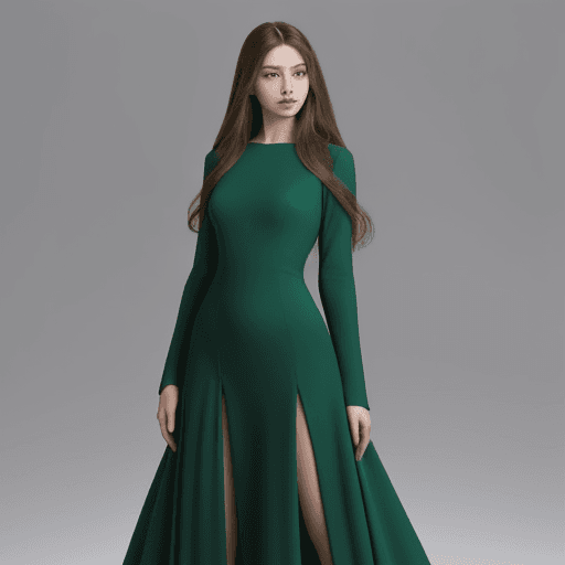 AI generated:  An elegant woman with long, flowing hair stands in a poised posture, wearing a sophisticated long-s...
