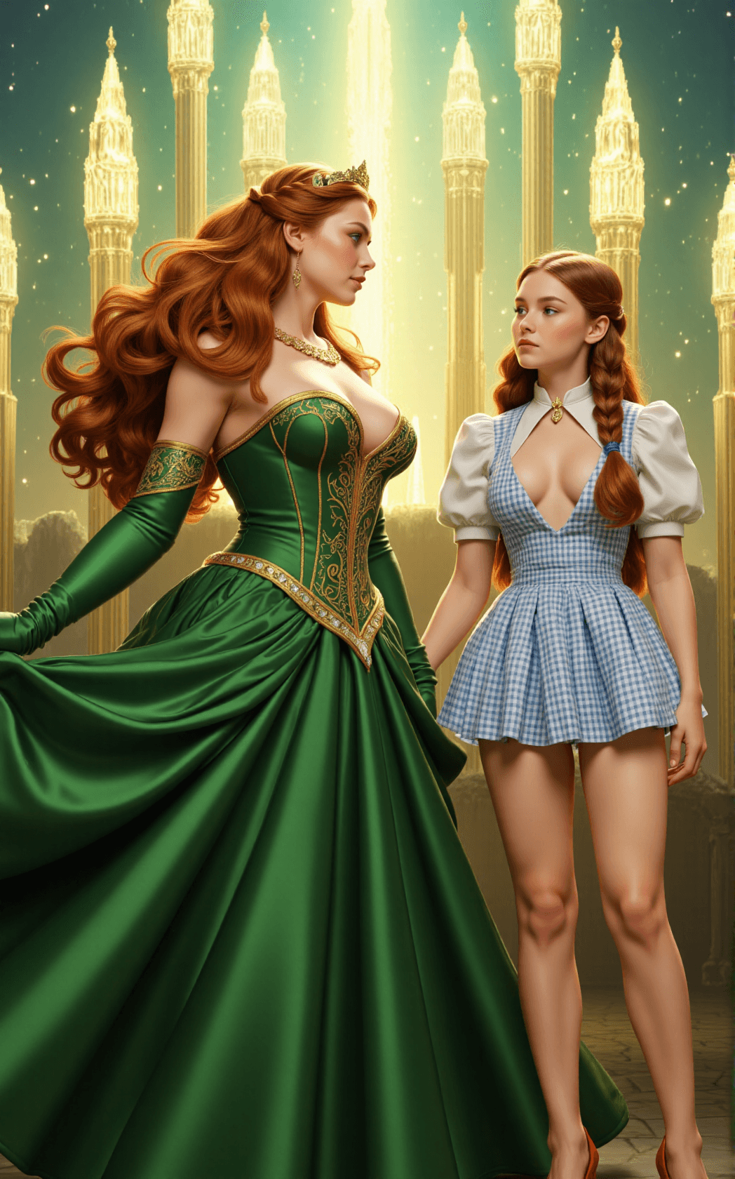 AI generated: In the radiant heart of the Emerald City, Princess Ozma stands reunited with Dorothy in a moment of ...