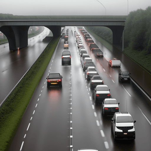 AI generated: Busy traffick in the afternoon on a highway in the Netherlands with extreme heavy showers but you ca...