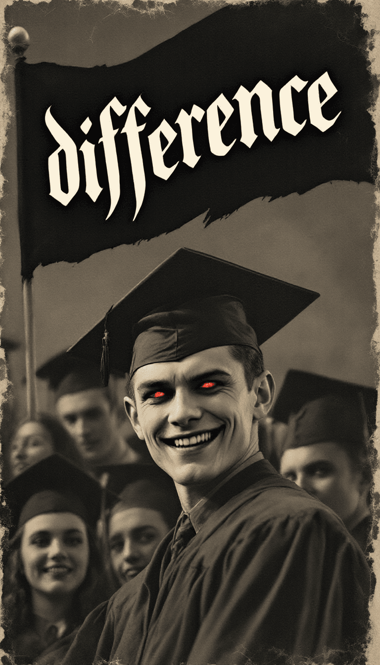AI generated: B&W photography,a vintage graduation photo of students,one student smiling like evil attractively,ey...
