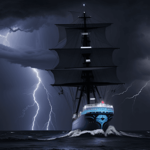 AI generated: Sea ship huge dark blue storm rain lightning