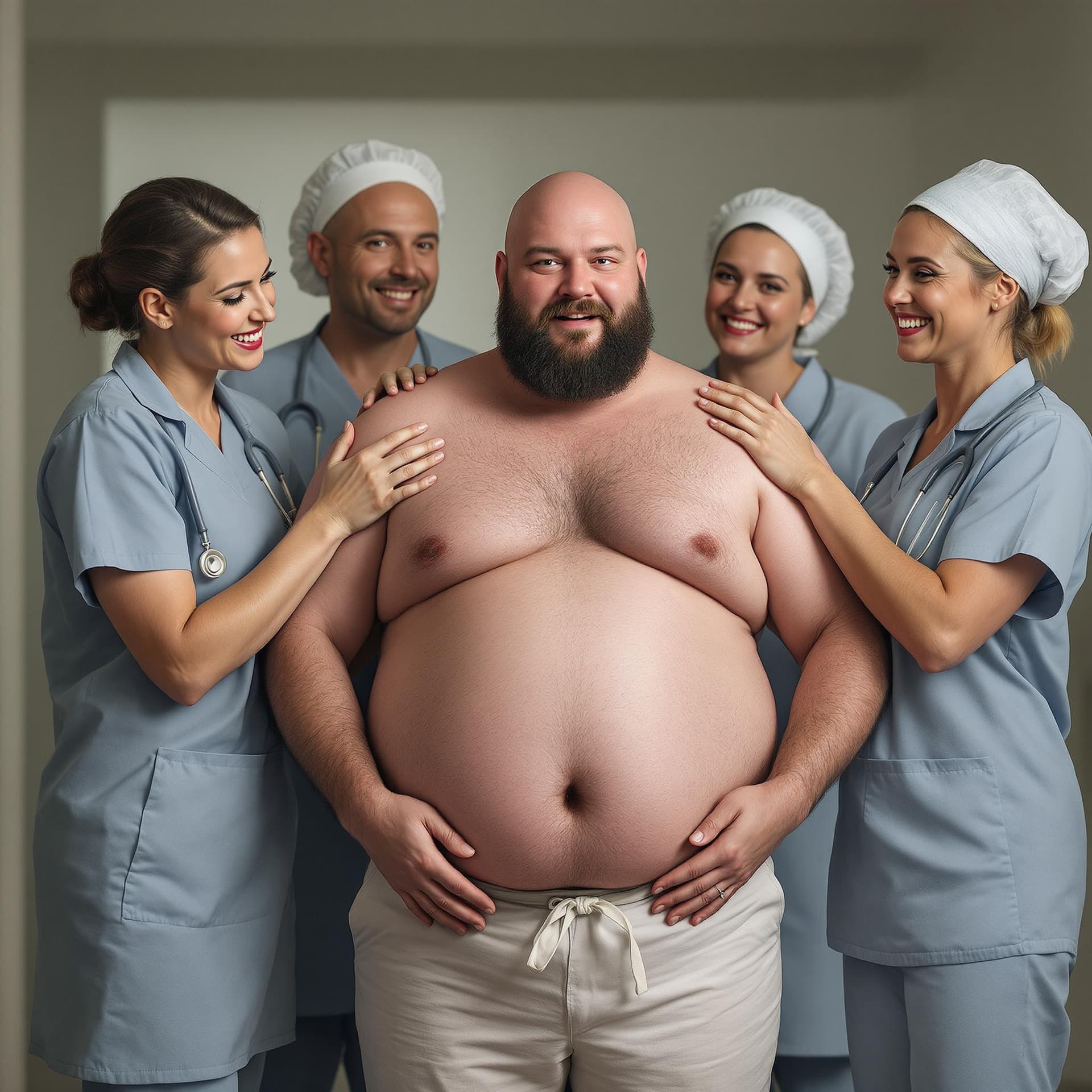 AI generated: Bald, fat, short, short bearded man fully undress in front of four amused middle aged nurses in medi...