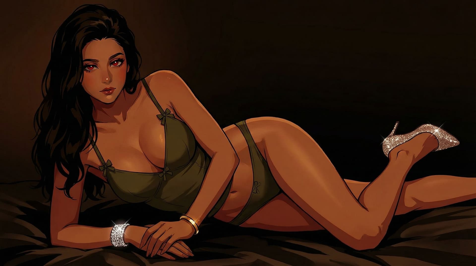 AI generated: Character Update:
a woman posing against a dark background

Attire: She is wearing a dark olive-gree...