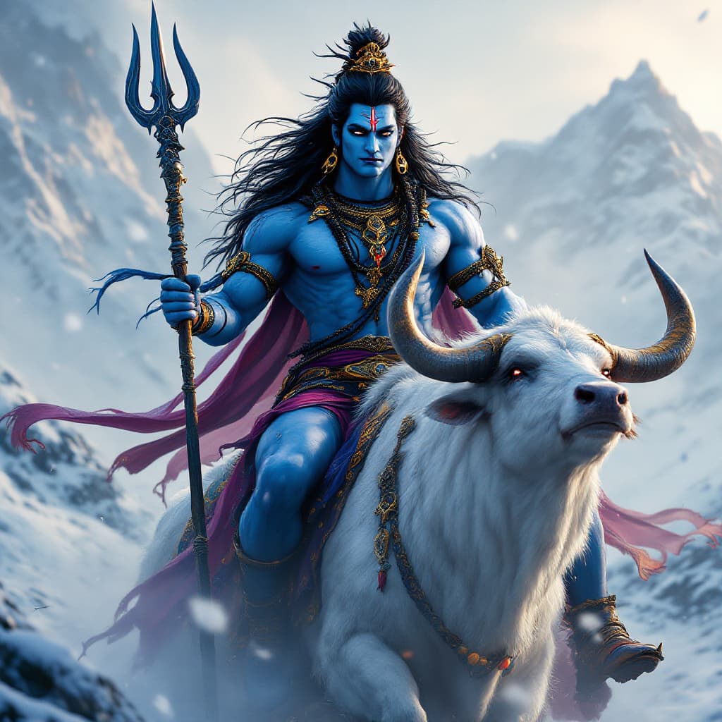 AI generated: In snowy lands A Full Body photo shot of a blue muscular lord shiva with his massive trident, riding...
