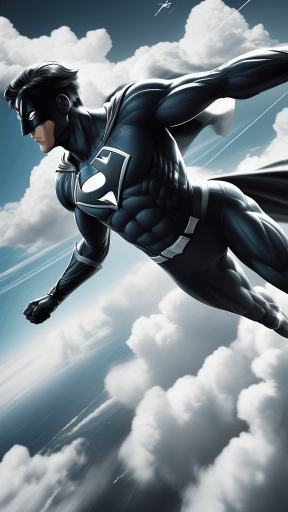 AI generated: Capture rfktrstyle a superhero mid-flight inframe, soaring through the clouds with a blend of elegan...
