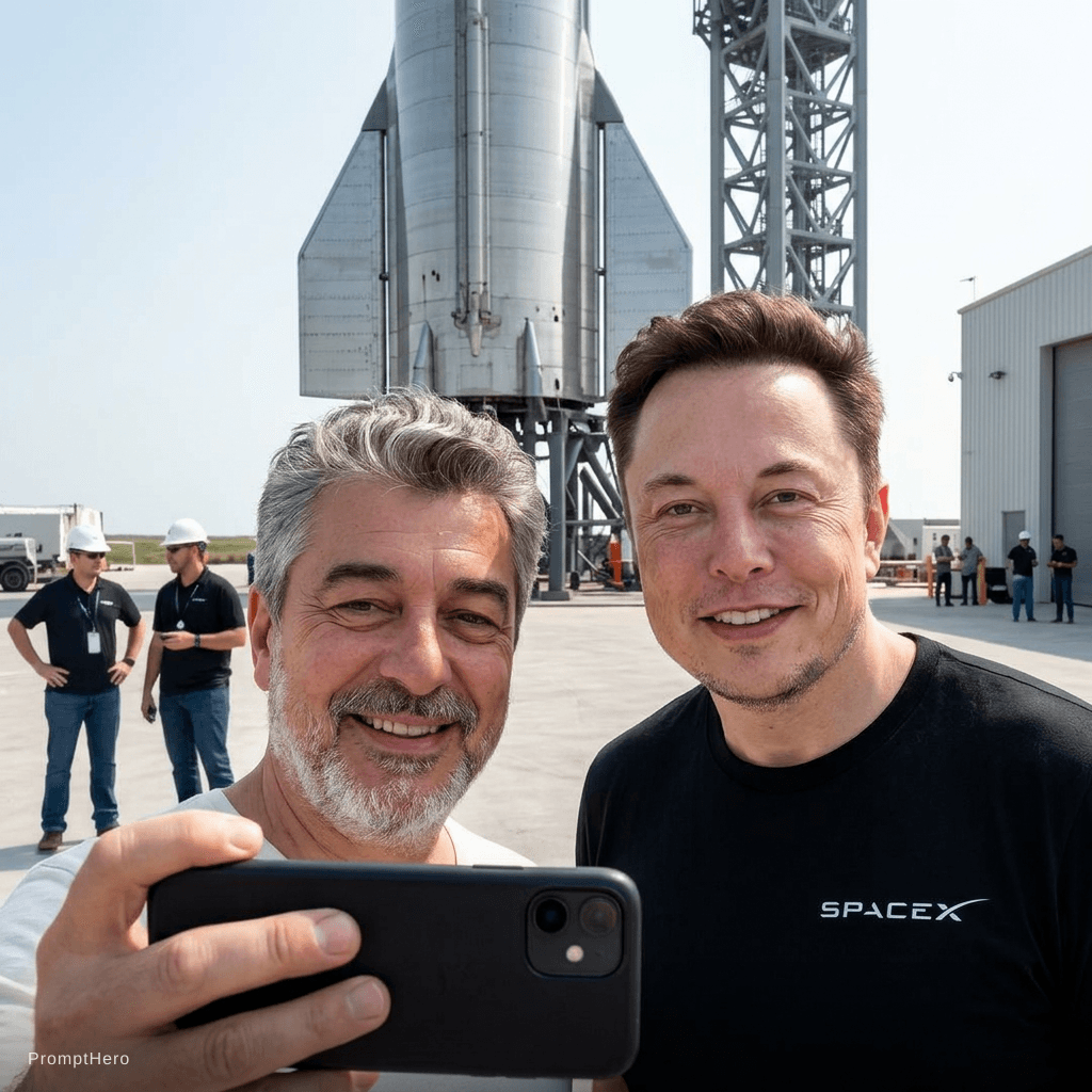 AI generated: with Elon Musk in front of a SpaceX rocket, professional setting