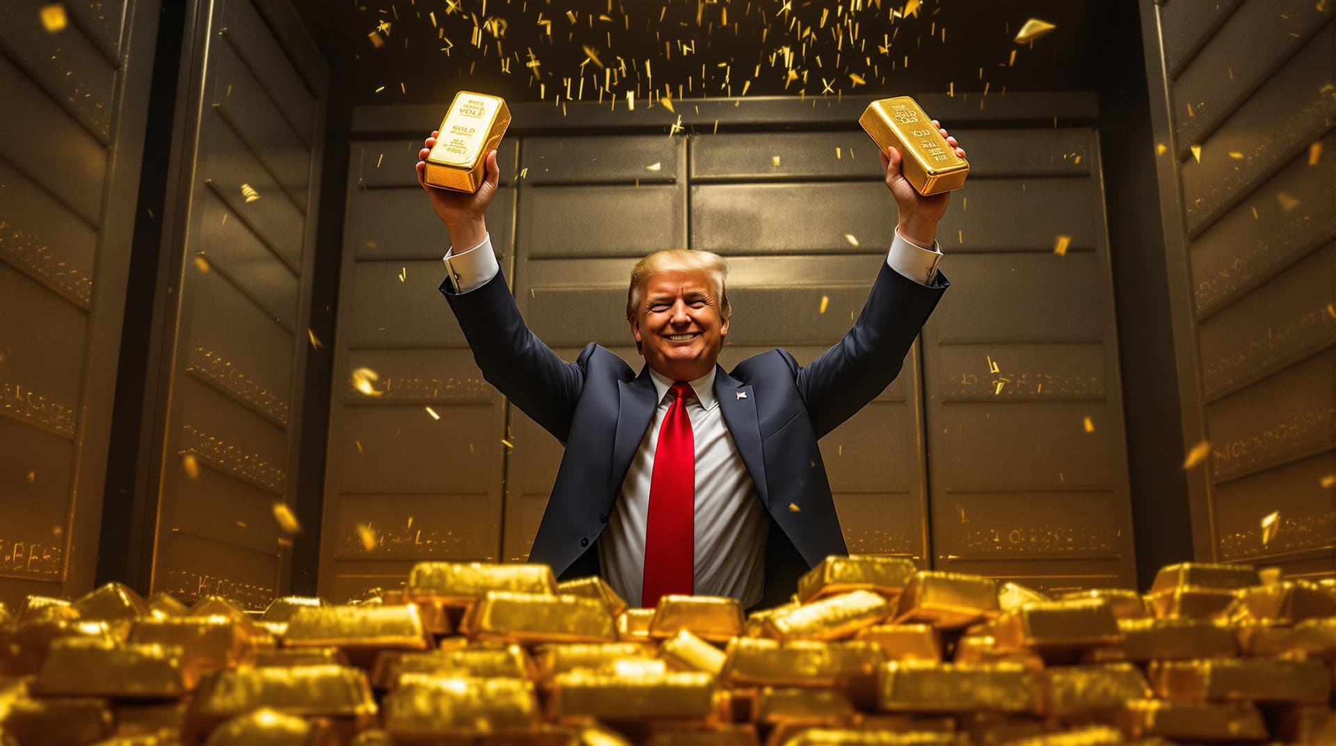 AI generated: trump standing in Ft. Knox holding gold bars raised in the air with a confident smile