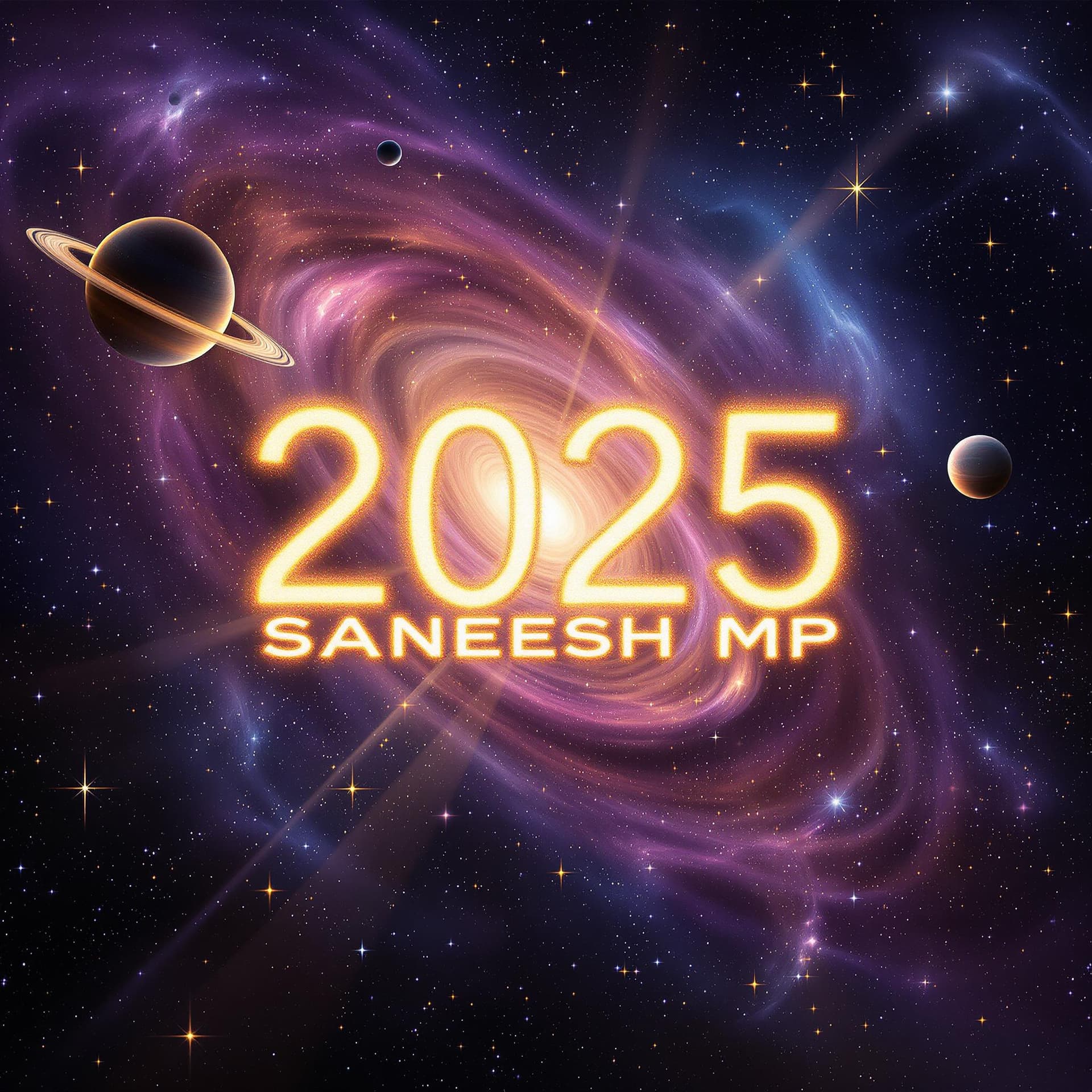 AI generated: A vibrant galaxy with swirling nebulae and glowing stars forms the text '2025 SANEESH MP' in radiant...