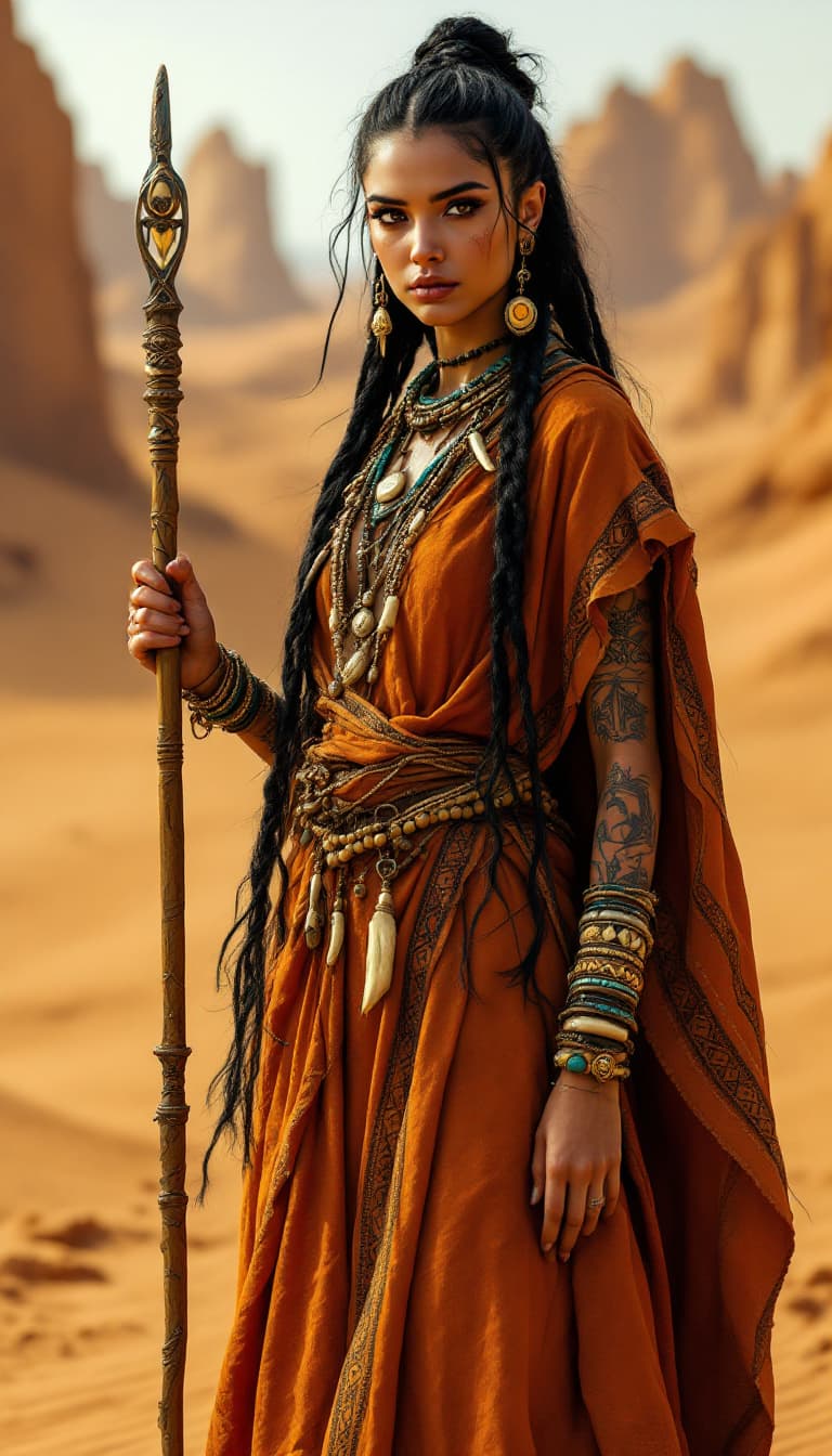 AI generated: An ultra-realistic, full-body portrait of a mesmerizing desert nomad woman, radiating ancient wisdom...